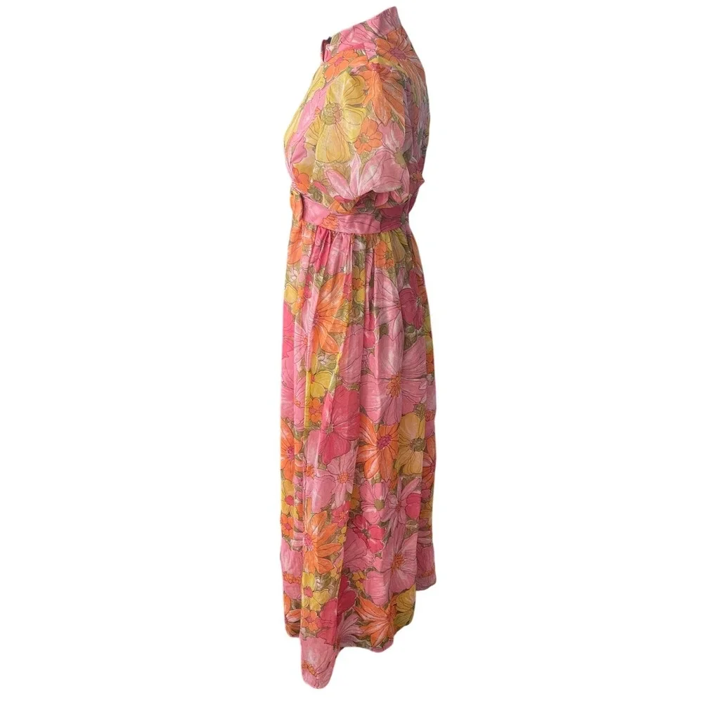Vintage 60's  Floral Maxi Dress Pink Orange Yellow Puff Sleeve‎ Boho Mod Garden - Picture 2 of 10
